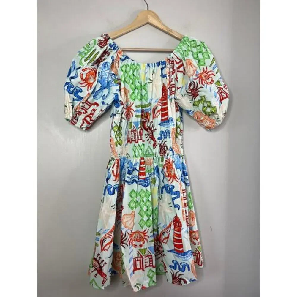 NWT Hunter Bell Scoop Neck Smocked Waist Bell Drew Mini Dress Surfside Size: 0 - Picture 7 of 8